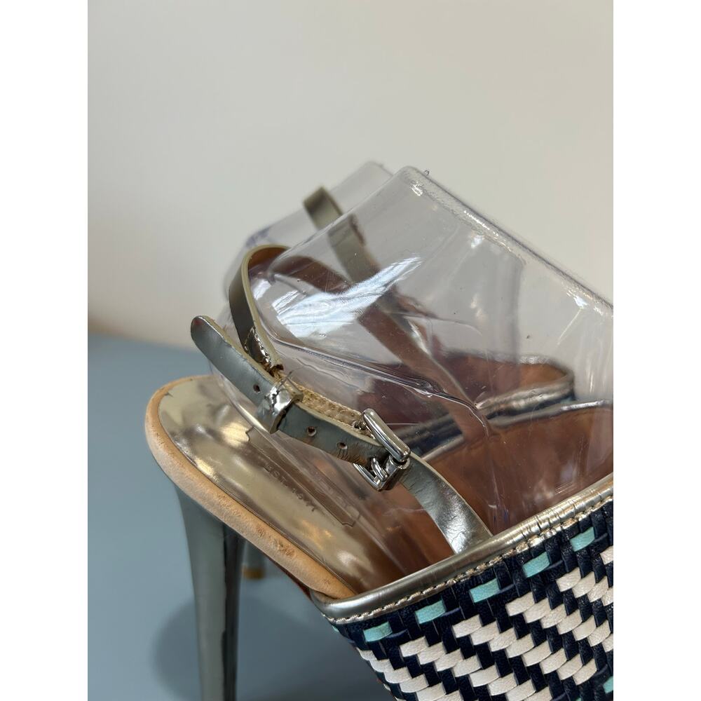Coach Steffi stilettos size 9.5 navy white woven leather strappy high sandal - Picture 6 of 12